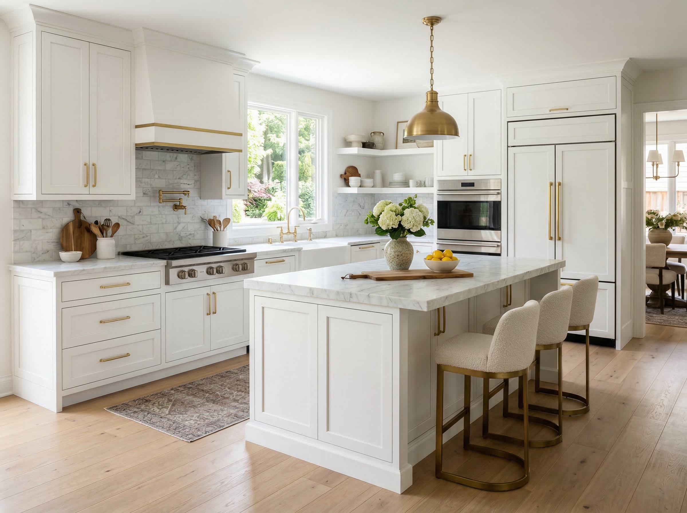 Luxury kitchen with beautifully refinished white cabinets and gold hardware