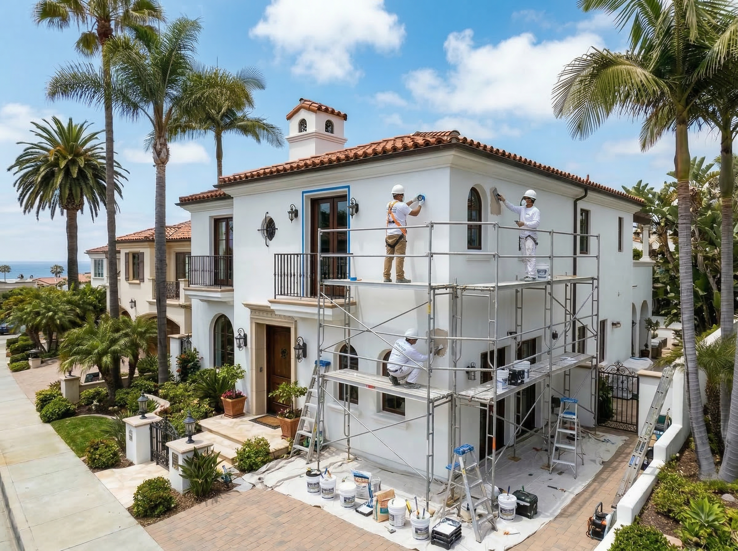 Professional painters on scaffolding painting luxury Spanish-style home exterior