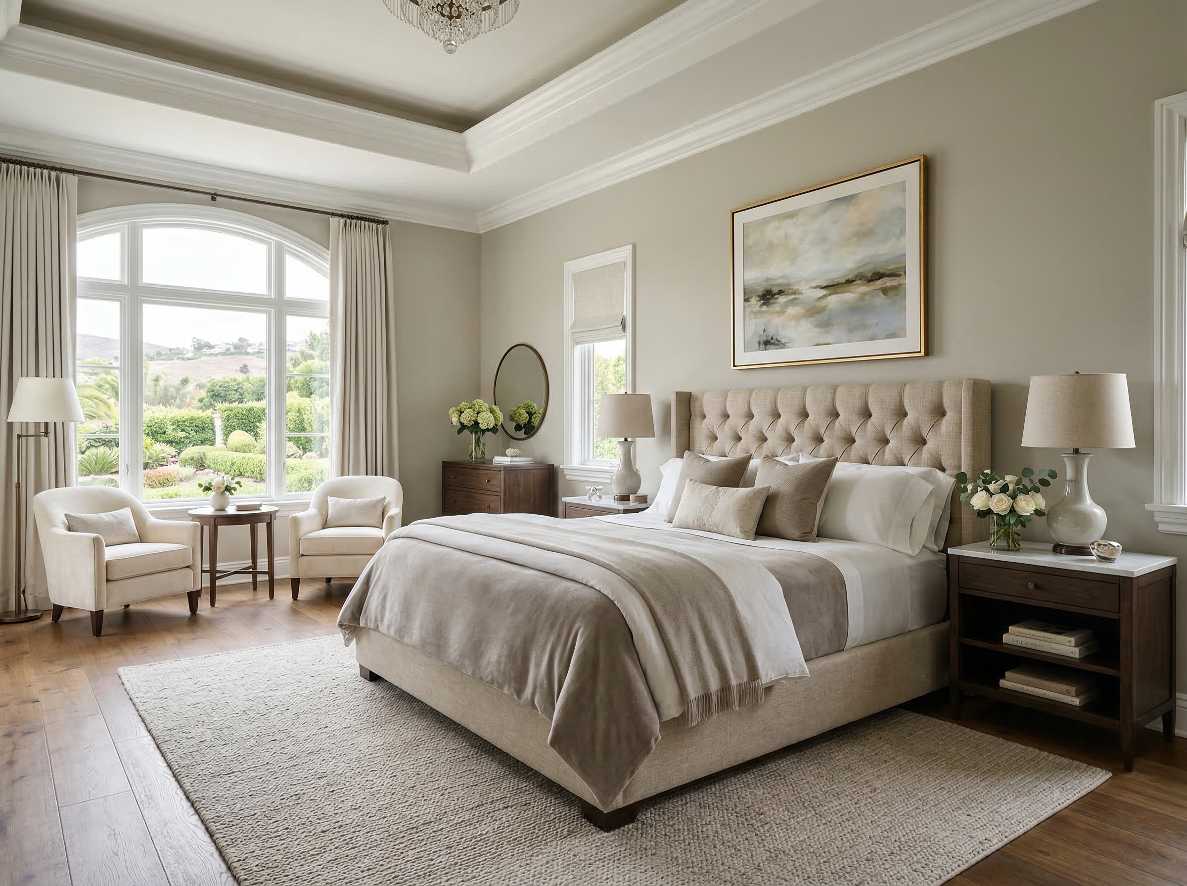 Beautifully painted luxury master bedroom with crown molding